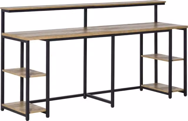 Scrivania Doppia HOMCOM in Stile Industriale con Scaffali e Mensola per Monitor, Metallo e MDF, L/P/H: 200 x 53 x 100 cm, Nero Marrone