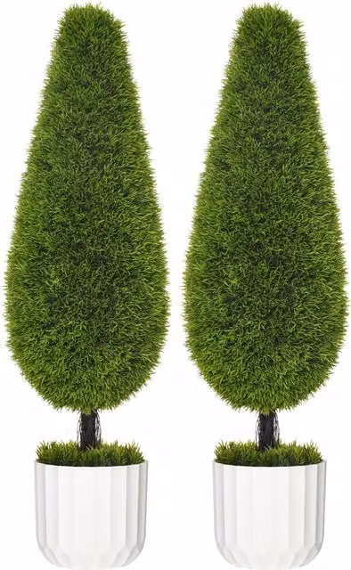 Set di 2 Piante Finte di Cipresso HOMCOM con Vasi in Cemento e Muschio, Colore Verde e Bianco, Diametro: 12 cm, Altezza: 16 cm