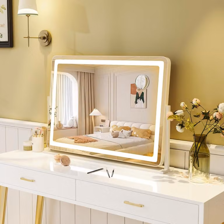 Specchio da trucco da tavolo Costway con luci LED e ingrandimento 10x, Bianco, L: 80 cm x P: 55 cm