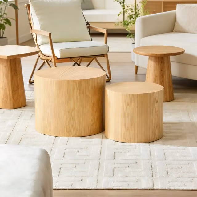 Set di 2 tavolini da caffè rotondi impilabili MINIMAL in legno naturale e marrone, L/P/H: 48 x 38 cm e 38 x 32 cm
