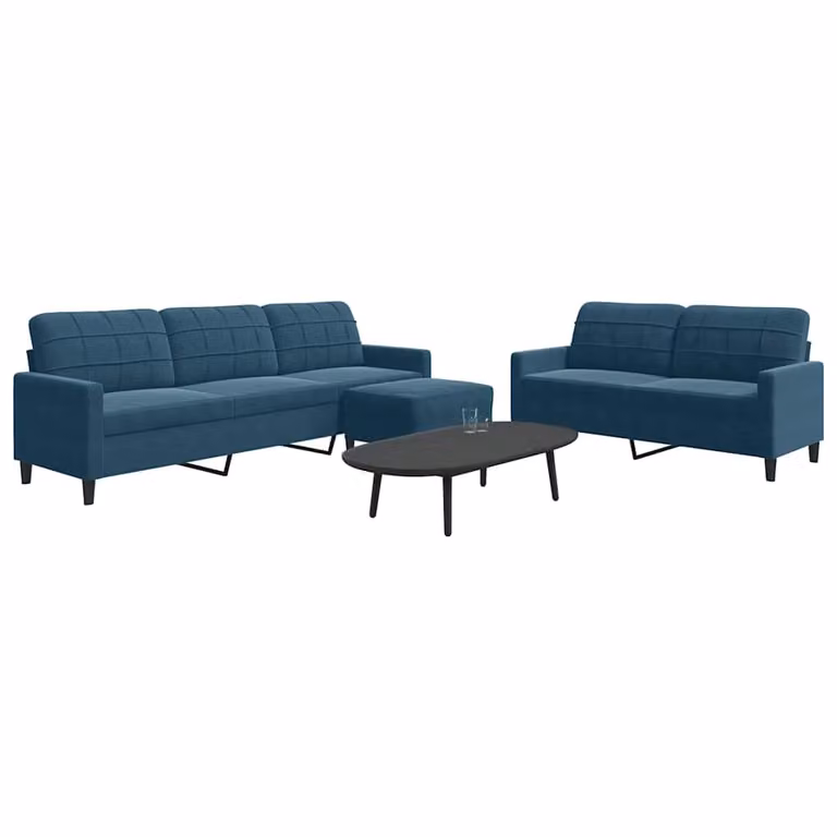 Set di divani vidaXL da 3 pezzi in velluto blu con pouf e cuscini, design moderno con struttura in metallo per il tuo soggiorno