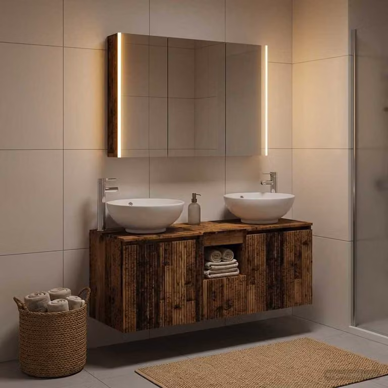 Set di mobili da bagno vidaXL 4 pezzi in legno marrone con illuminazione LED e specchio