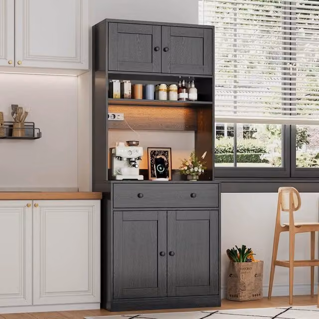 Dispensa alta moderna in MDF nera con ripiani, illuminazione LED RGB, prese AC e USB e grande cassetto per cucina e soggiorno L/P/H: 72 x 40 x 180 cm