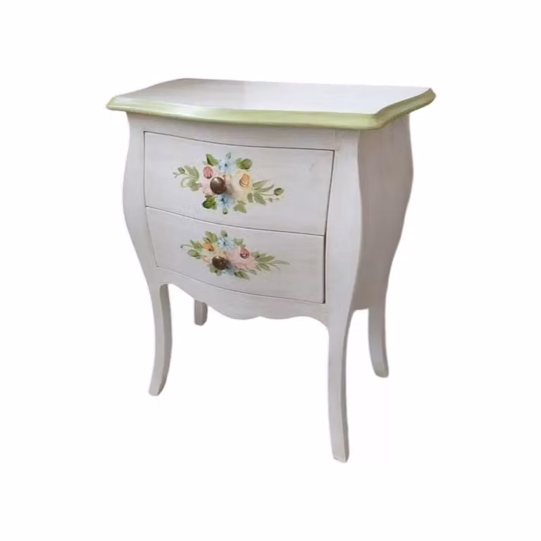 Comodino in legno di pino stile shabby chic bianco anticato con decori floreali verdi Mobili 2G L/P/H: 50 x 30 x 60 cm