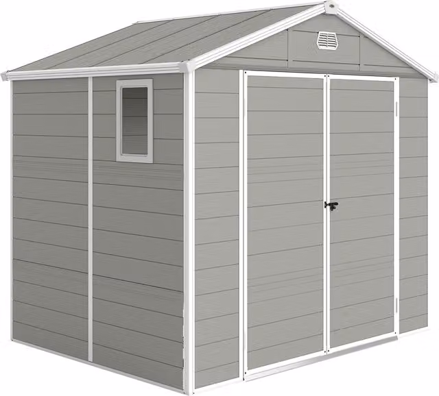 Casetta da giardino Outsunny con tetto a due falde e capanno per attrezzi, Grigio, L: 240 cm, P: 190 cm, H: 180/228 cm