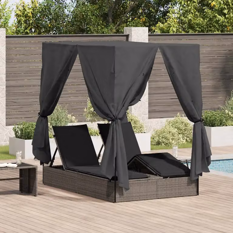 vidaXL Lettino da sole doppio in polyrattan grigio con parasole e poggiatesta regolabile L/P/H: 205 x 129 x 200 cm