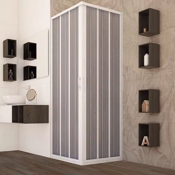 Box doccia angolare LEDA bianco con ante a soffietto in PVC effetto frosted L/P: 90 x 90 cm, H: 185 cm