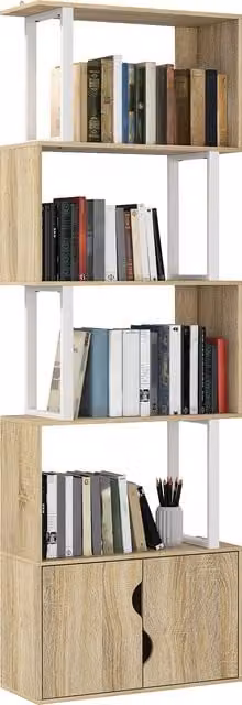 Libreria HOMCOM a 5 livelli con armadio a doppia porta, mobile di archiviazione moderno in legno naturale, L: 60 cm, P: 23,8 cm, H: 179,2 cm
