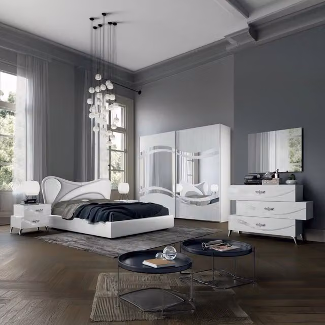 Completa camera da letto moderna Tezeta in bianco frassino con decorazioni argento e dettagli in ecopelle