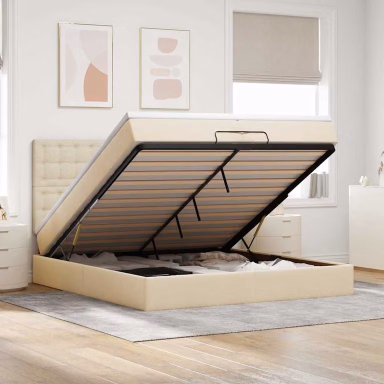 Letto con contenitore a sollevamento vidaXL in tessuto beige e bianco, L 200 x P 200 x H 28 cm