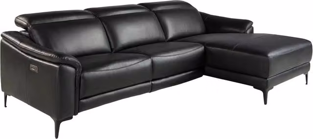 Divano relax moderno Angel Cerdá S.L. con chaise longue destra in pelle nera, struttura in legno e metallo, poggiatesta regolabile e ricarica USB, L/P/H: 272 x 168 x 96 cm