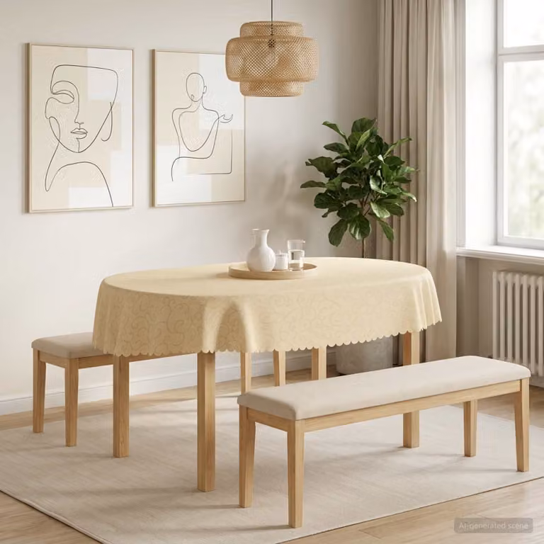 Set di 5 tovaglie ovali vidaXL in jacquard bianco e beige, idrorepellenti e lavabili in lavatrice, L: 160 cm x P: 220 cm