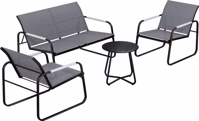 Set Mobili da Giardino Outsunny per 4 Persone con Divano a 2 Posti, 2 Poltrone e Tavolino Rotondo, Colore Grigio con Struttura in Metallo e Tessuto Traspirante Textilene