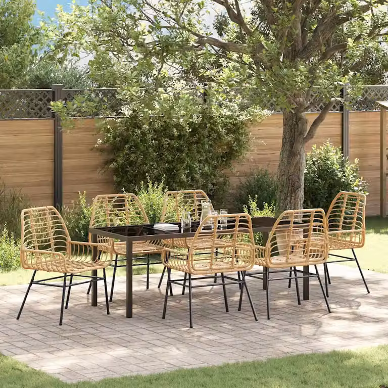 Set da pranzo per giardino e terrazzo vidaXL in polyrattan marrone con tavolo rettangolare in vetro, 7 pezzi