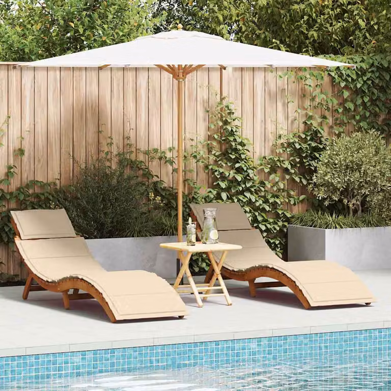 Set di 2 lettini prendisole vidaXL in legno di acacia trattato con tessuto beige resistente ai raggi UV e poggiatesta regolabile