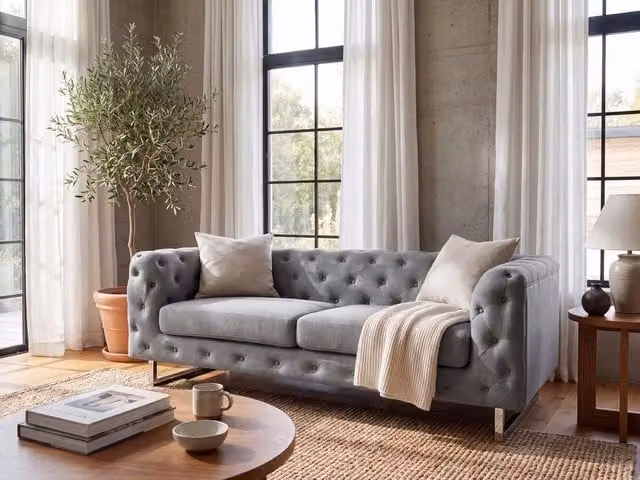 Divano Chesterfield a 2 posti BELIANI in tessuto grigio con cuscini inclusi per il tuo soggiorno
