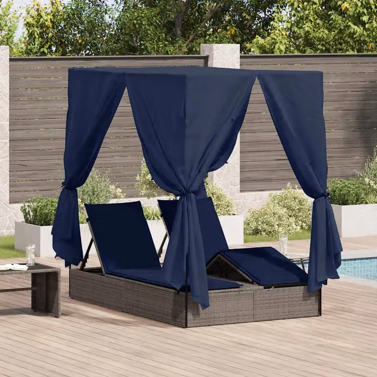 Lettino da sole doppio vidaXL in polyrattan nero con parasole e poggiatesta regolabile L/P/H: 205 x 129 x 200 cm