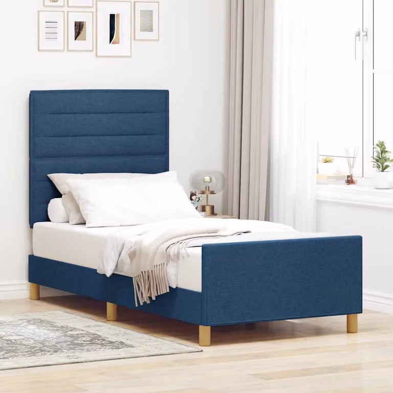 Struttura del letto con testiera vidaXL in tessuto blu e legno di pino, L/P/H: 90 x 190 x 128 cm