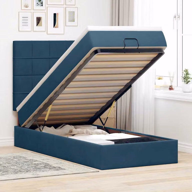 Letto con Pouf e Materasso vidaXL in Velluto Blu con Base a Sollevamento, Illuminazione Sotto il Letto e Porte USB, L/P/H: 203 x 80 x 140 cm