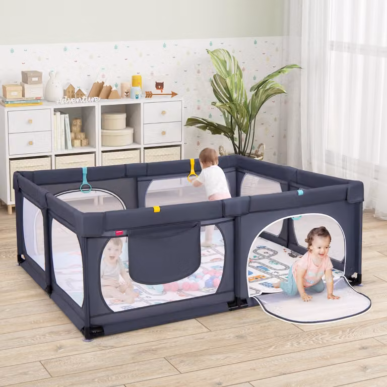 Costway Recinto per bambini con materassino, 4 anelli e 50 palline colorate, Grigio scuro, L: 189 cm, P: 158 cm