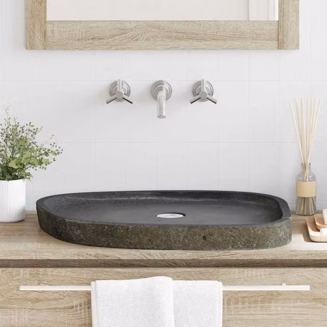 Lavabo da appoggio ovale in pietra naturale grigia vidaXL L: 65 cm, P: 50 cm, H: 6 cm
