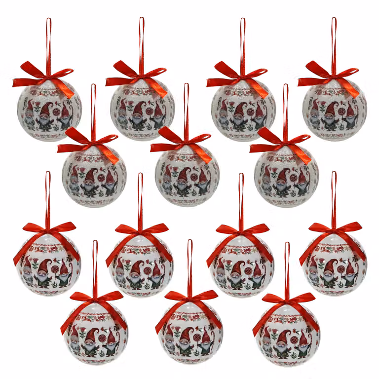Vestiamo Casa Gran Natale Set di 14 Palline di Natale con Gnomi, Colori Rosso e Bianco, Diametro: 7,5 cm