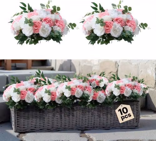 VEVOR Bouquet di Rose Artificiali per Centrotavola, 10 Pezzi, Bianco e Rosa, Diametro: 45 cm