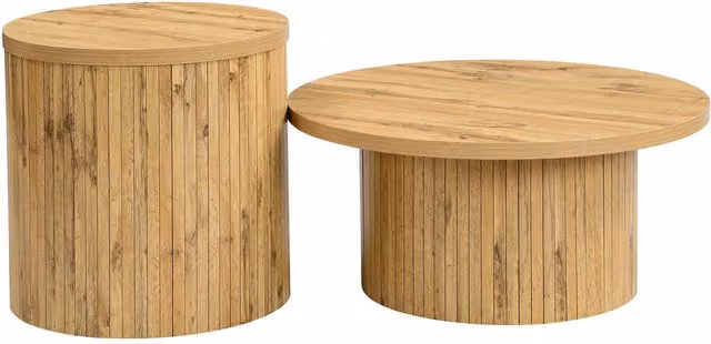 Set di 2 tavolini rotondi da salotto GL Store in legno naturale con pannelli a listelli e angoli arrotondati, L/P/H: 75 x 75 x 36 cm e L/P/H: 50 x 50 x 50,5 cm