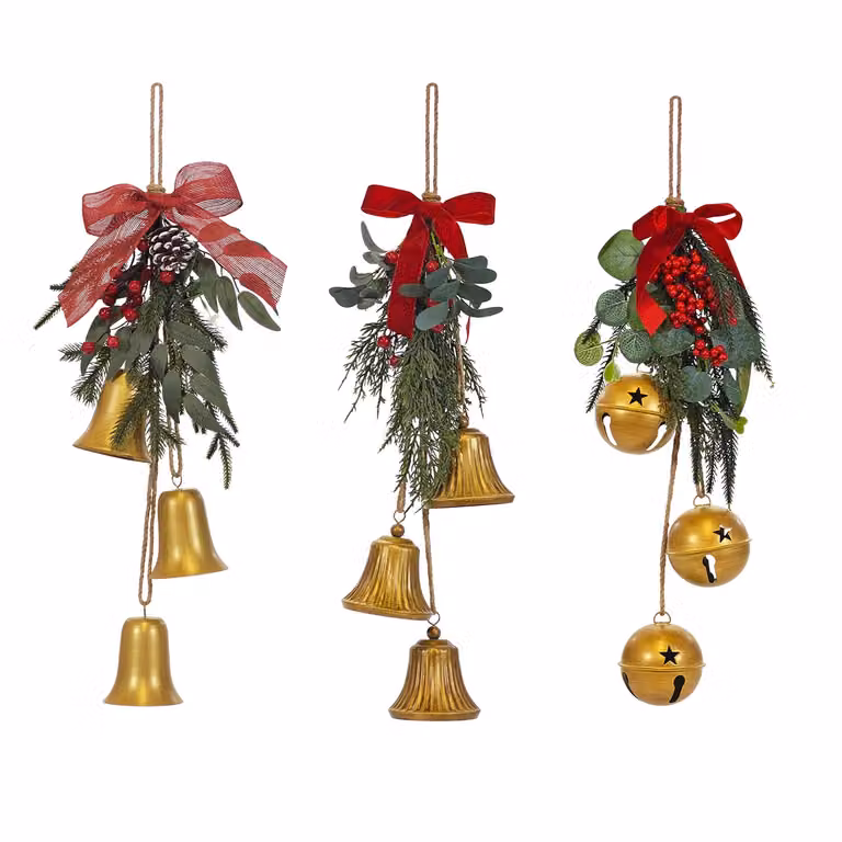 Vestiamo Casa Appendino Natalizio con Campanelli Decorativi Oro e Rosso, Altezza: 62 cm