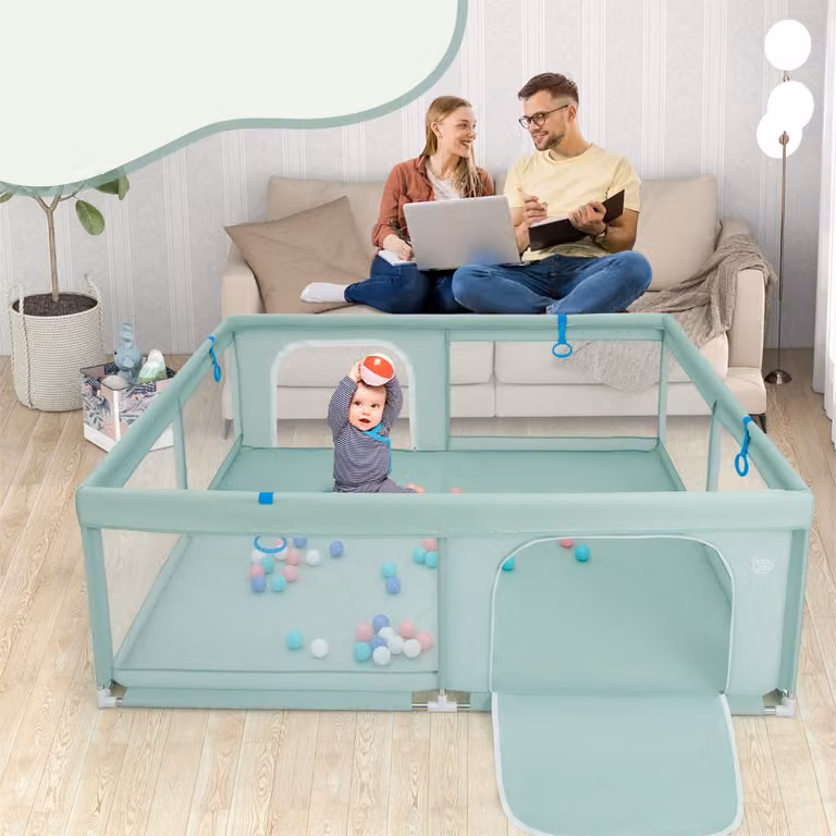 Costway Recinto da gioco per bambini con rete traspirante e maniglie, Parco giochi Verde, L: 200 cm, P: 180 cm, H: 68 cm