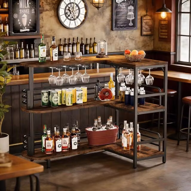 Banco bar angolare WISHDOR in stile industriale in metallo e MDF, colore nero e marrone, L: 120 cm, P: 90 cm, H: 110 cm