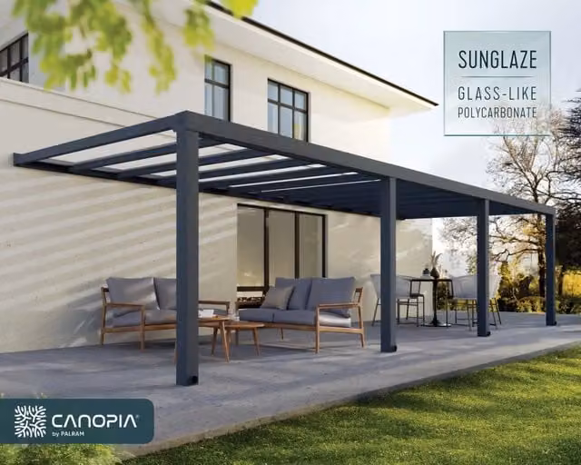 Pergola Addossata in Alluminio Premium Stockholm di Canopia, Colore Antracite e Trasparente, L: 9.5 m x P: 3.4 m