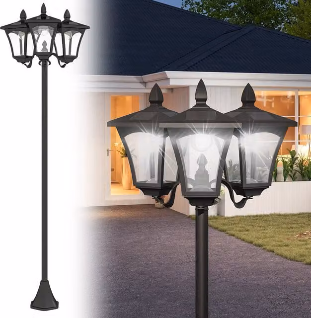 Lampione da giardino Outsunny con luci LED a energia solare, in acciaio nero, Altezza: 182.5 cm