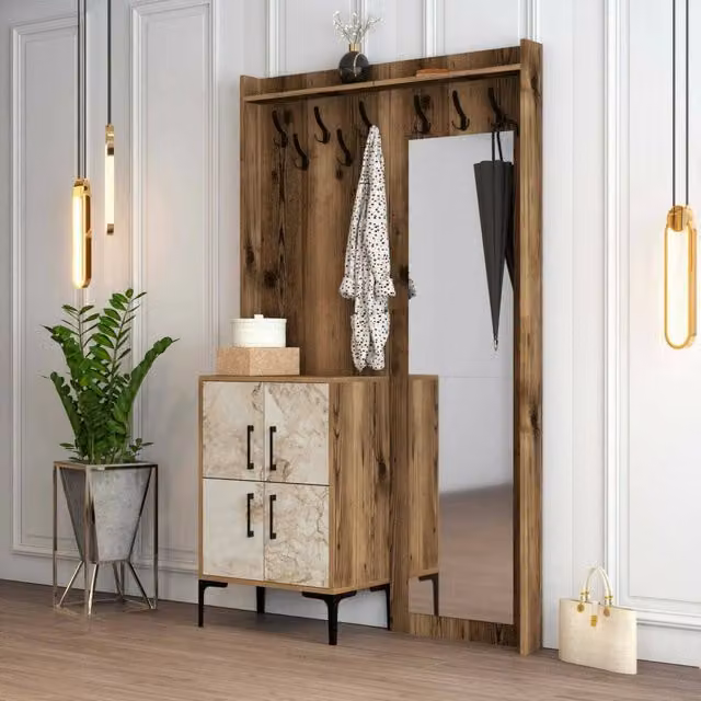 Mobile da ingresso Isidore DMORA, composizione appendiabiti e consolle portaoggetti per atrio, L 120 cm x P 35 cm x H 200 cm, Noce e Bianco