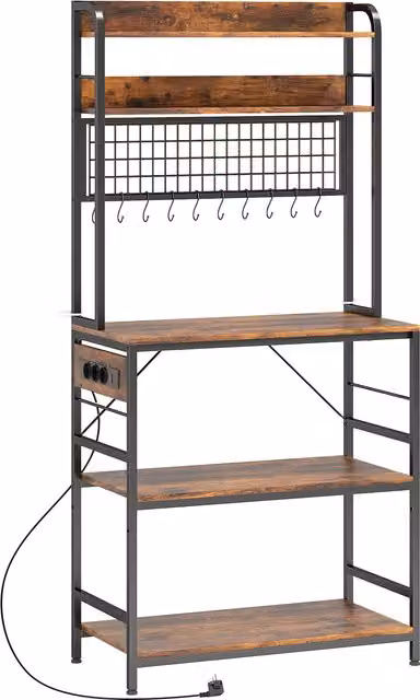 Scaffale da cucina HOMCOM con stazione di ricarica, 5 ripiani regolabili e 10 ganci a S in legno e acciaio, Marrone, L 80 cm x P 40 cm x H 170 cm