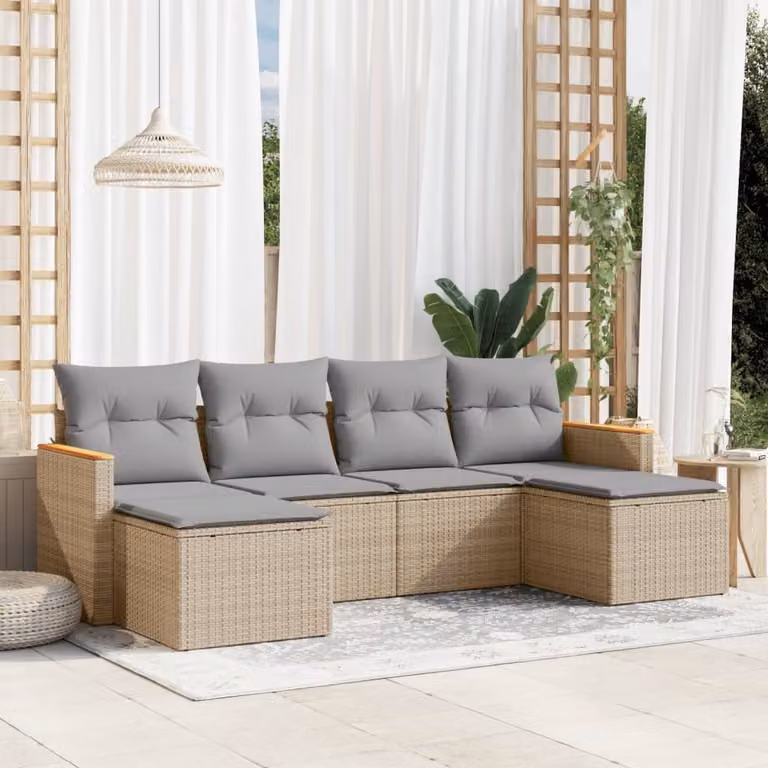 Set Divano da Giardino vidaXL 6 pz a L in Polyrattan con Cuscini Beige e Grigio