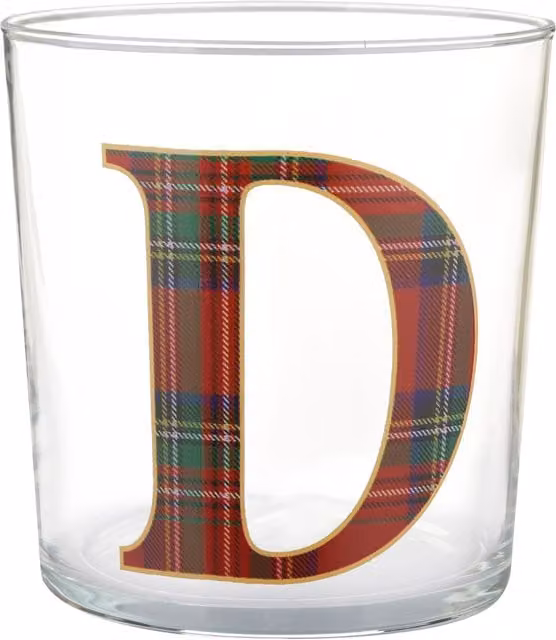 Bicchiere per acqua KASANOVA lettera D con motivo tartan rosso in vetro, 360 ml