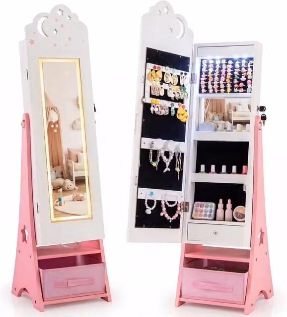Mobiletto portagioielli per bambini Design In con specchio, luci integrate e serratura, colore bianco