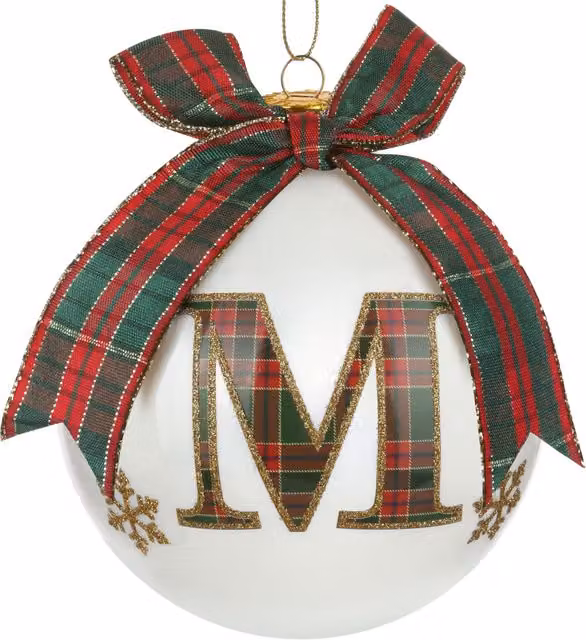 Pallina di Natale KASANOVA in vetro con lettera M e motivo tartan nei colori rosso, verde e bianco, diametro: 10 cm