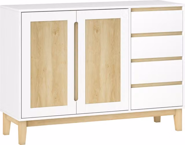 Credenza HOMCOM con 2 porte, 4 cassetti e scaffale regolabile, Bianco e Rovere, L 120 x P 40 x H 86 cm