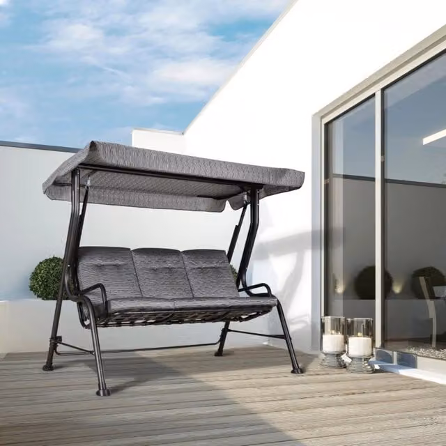 Altalena da giardino REDOM per 3 adulti in acciaio nero con tettuccio regolabile e resistente ai raggi UV, L/P/H: 200 x 120 x 170 cm
