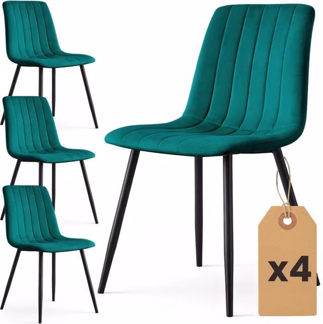 Set di 4 sedie LIVO in velluto trapuntato verde bottiglia con gambe in metallo nero