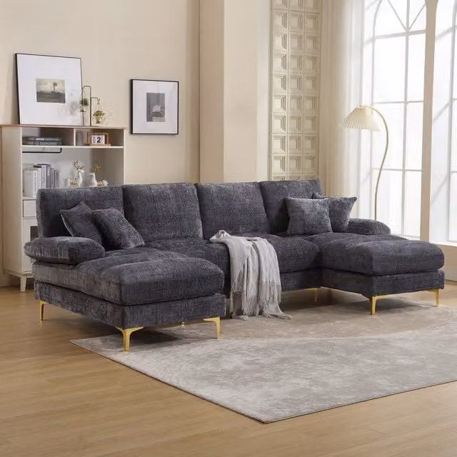 Divano componibile moderno Gomyway a forma di U in tessuto grigio con sedili reclinabili e cuscini inclusi