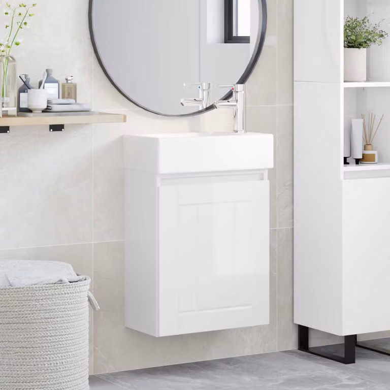 Mobile bagno moderno vidaXL con rubinetto Bianco Lucido L: 45,5 cm, P: 25,5 cm, H: 84 cm