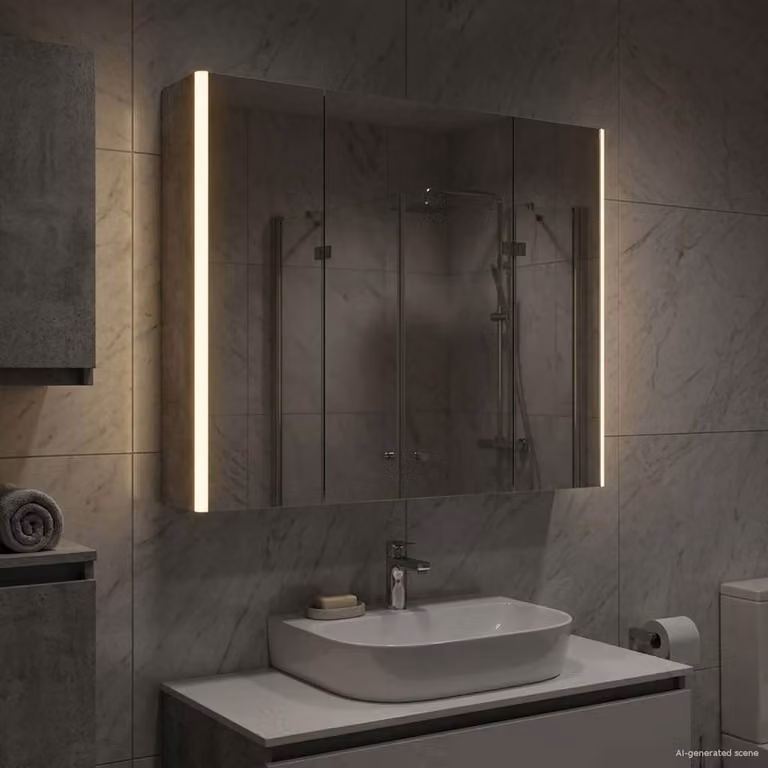 vidaXL Mobiletto per specchio da bagno moderno con illuminazione LED e ante in vetro, Grigio cemento, L: 70,0 cm, H: 83,5 cm, P: 18,3 cm