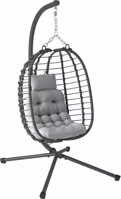 Poltrona a dondolo sospesa a uovo in polyrattan e metallo con cuscini inclusi, grigio, H 188 x L 122 x P 104 cm