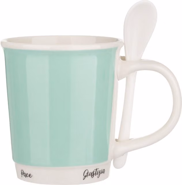 Mug KASANOVA in ceramica turchese con coperchio e cucchiaino, 400 ml