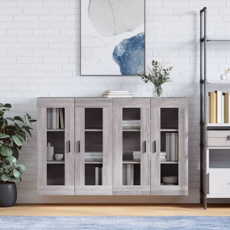 Set di 2 armadietti a parete vidaXL in legno e vetro con ante in vetro, Grigio opaco