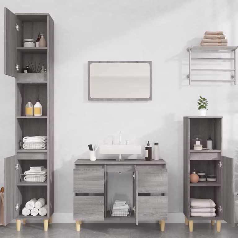 Set di mobili da bagno vidaXL in legno multistrato grigio composto da 3 pezzi con mobile lavabo, mobile laterale e colonna alta