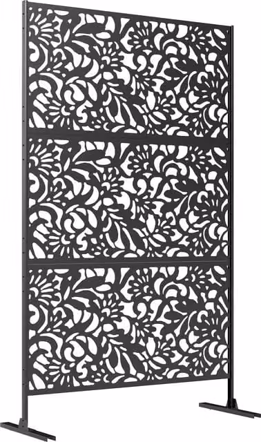 Pannello frangivista decorativo da giardino Outsunny con 3 pannelli a motivo floreale in acciaio nero, L: 122 cm, P: 45 cm, H: 198 cm